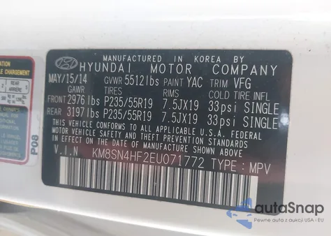 2014 Hyundai Santa Fe Gls z USA, uszkodzony, nr VIN KM8SN4HF2EU071772